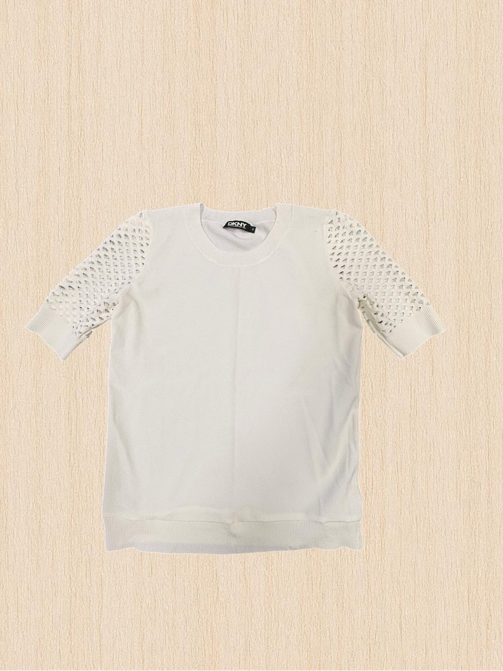 DKNY White Crewneck Knit Top with Openwork Short Sleeves